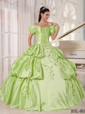 Elegant Apple Blue Off The Shoulder Ruching Taffeta Embroidery Ball Gown Dress