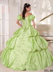 Elegant Apple Blue Off The Shoulder   Ruching Taffeta Embroidery Ball Gown Dress