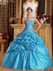 Elegant Aqua Blue Ball Gown Strapless Floor-length Pick-ups Taffeta Quinceanera Dress