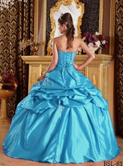 Elegant Aqua Blue Ball Gown Strapless Floor-length Pick-ups Taffeta Quinceanera Dress
