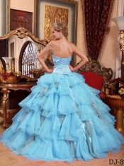 Elegant Aqua Blue Ball Gown Sweetheart Quinceanera Dress with Organza Beading
