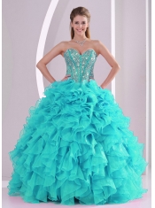 Elegant Aqua Blue Ball Gown Sweetheart Ruffles and Beaded Decorate Quinceanera Dresses