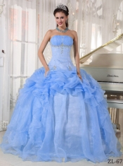 Elegant Baby Blue Ball Gown Strapless Floor-length Organza Beading Quinceanera Dress