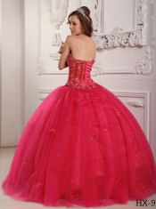 Elegant Ball Gown Strapless Floor-length Tulle Beading Hot Pink Quinceanera Dress