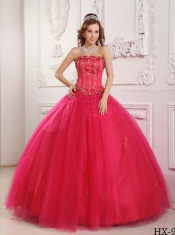 Elegant Ball Gown Strapless Floor-length Tulle Beading Hot Pink Quinceanera Dress