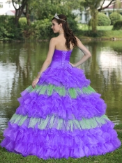 Elegant Beaded Decorate Bust Sequins Organza Multi-color Strapless Tiered Sweet Quinceanera Dress