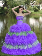 Elegant Beaded Decorate Bust Sequins Organza Multi-color Strapless Tiered Sweet Quinceanera Dress