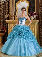 Elegant Blue Sweetheart Ball Gown Quinceanera Dress with Organza Hand Made Flowers