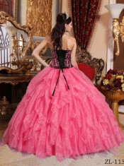 Elegant Coral Red and Black Sweetheart Embroidery Quinceanera Dress with Beading