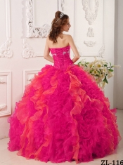 Elegant Coral Red Ball Gown Sweetheart Floor-length Organza  Quinceanera Dresses with Appliques and Beading