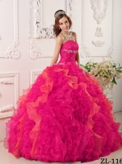 Elegant Coral Red Ball Gown Sweetheart Floor-length Organza Quinceanera Dresses with Appliques and Beading
