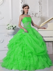 Elegant Green Ball Gown Strapless Floor-length Organza Beading Quinceanera Dress