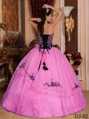 Elegant Hot Pink and Black Strapless Floor-length Embroidery Quinceanera Dress
