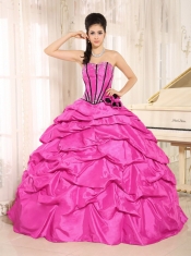 Elegant Hot Pink Beaded and Hand Made Flowers Quinceanera Dress With Pick-ups