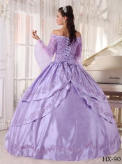 Elegant Lavender Ball Gown Off The Shoulder Taffeta and Organza Appliques Quinceanera Dress