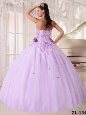 Elegant Lilac Ball Gown Strapless Floor-length Tulle Beading and Ruching Quinceanera Dress