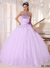 Elegant Lilac Ball Gown Strapless Floor-length Tulle Beading and Ruching Quinceanera Dress