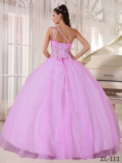 Elegant Pink Ball Gown One Shoulder Floor-length Quinceanera Dress with Tulle Beading