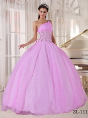 Elegant Pink Ball Gown One Shoulder Floor-length Quinceanera Dress with Tulle Beading