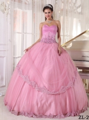 Elegant Pink Ball Gown Sweetheart Taffeta and Tulle Appliques Quinceanera Dress