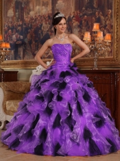 Elegant Purple and Black Ball Gown Strapless Floor-length Organza Quinceanera Dress