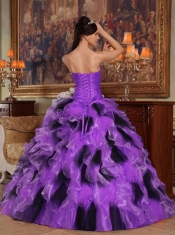 Elegant Purple and Black Ball Gown Strapless Floor-length Organza Quinceanera Dress