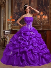 Elegant Purple Ball Gown Strapless Floor-length Appliques Taffeta Quinceanera Dress