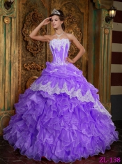 Elegant Purple Ball Gown Strapless Floor-length Ruffles Organza Quinceanera Dress