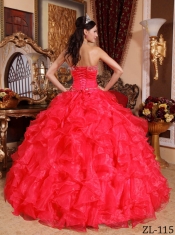 Elegant Red Ball Gown Sweetheart Floor-length Organza Quinceanera Dress with Beading