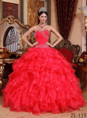 Elegant Red Ball Gown Sweetheart Floor-length Organza Quinceanera Dress with Beading