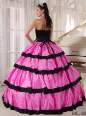 Elegant Rose Pink and Black Ball Gown Strapless Floor-length Taffeta Quinceanera Dress