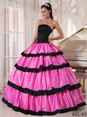 Elegant Rose Pink and Black Ball Gown Strapless Floor-length Taffeta Quinceanera Dress