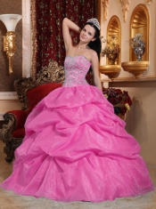 Elegant Rose Pink Ball Gown Sweetheart Floor-length Organza Beading Quinceanera Dress