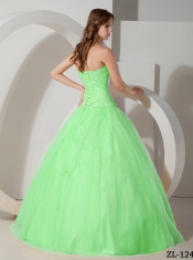 Elegant Spring Green Strapless Floor-length with Tulle and Beading Quinceanera Dress