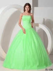 Elegant Spring Green Strapless Floor-length with Tulle and Beading Quinceanera Dress