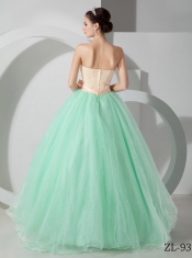 Elegant Strapless Apple Green and Pink Organza Quinceanea Dress with Sash and Ruching