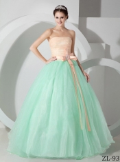 Elegant Strapless Apple Green and Pink Organza Quinceanea Dress with Sash and Ruching