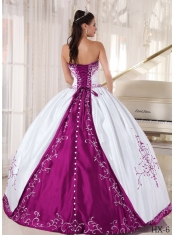 Elegant Strapless White and Fuchsia Floor-length Embroidery Quinceanera Dress