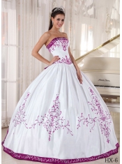 Elegant Strapless White and Fuchsia Floor-length Embroidery Quinceanera Dress
