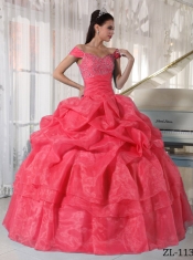 Elegant Watermelon Ball Gown Off The Shoulder Taffeta and Organza Beading Quinceanera Dress