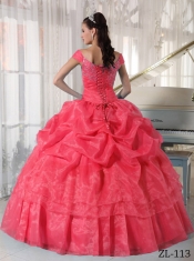 Elegant Watermelon Ball Gown Off The Shoulder Taffeta and Organza Beading Quinceanera Dress