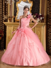 Elegant Watermelon Ball Gown One Shoulder Floor-length Appliques Tulle Quinceanera Dress