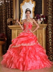 Elegant Watermelon Ball Gown Strapless Floor-length Organza Quinceanera Dress