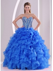 Exquisite Sweetheart 2014 Summer Ball Gown Dress in Blue with Ruffels and Beading