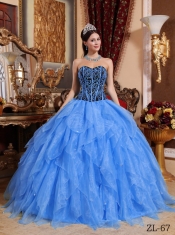 Fashionable Blue and Black Sweetheart Ruffels Organza Beading Ball Gown Dress