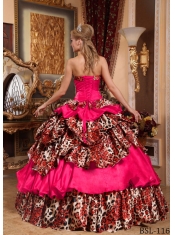 Fashionable Quinceanera Dress In Coral Red With Strapless Floor-length And Pick-ups Made With Taffeta and Leopard