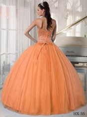 Fashionable Sweetheart Ruching Tulle Beading Ball Gown Dress in Orange