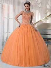 Fashionable Sweetheart Ruching Tulle Beading Ball Gown Dress in Orange