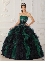 Green and Black Strapless Appliques Taffeta and Organza Beading Ball Gown Dress with Ruffles
