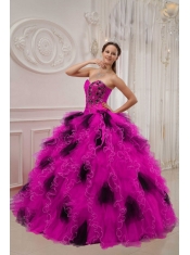 Hot Pink and Black Ball Gown Sweetheart Orangza Beading and Ruch Quinceanera Dress Hot Pink and Black Ball Gown Sweetheart Orangza Beading and Ruch Quinceanera Dress